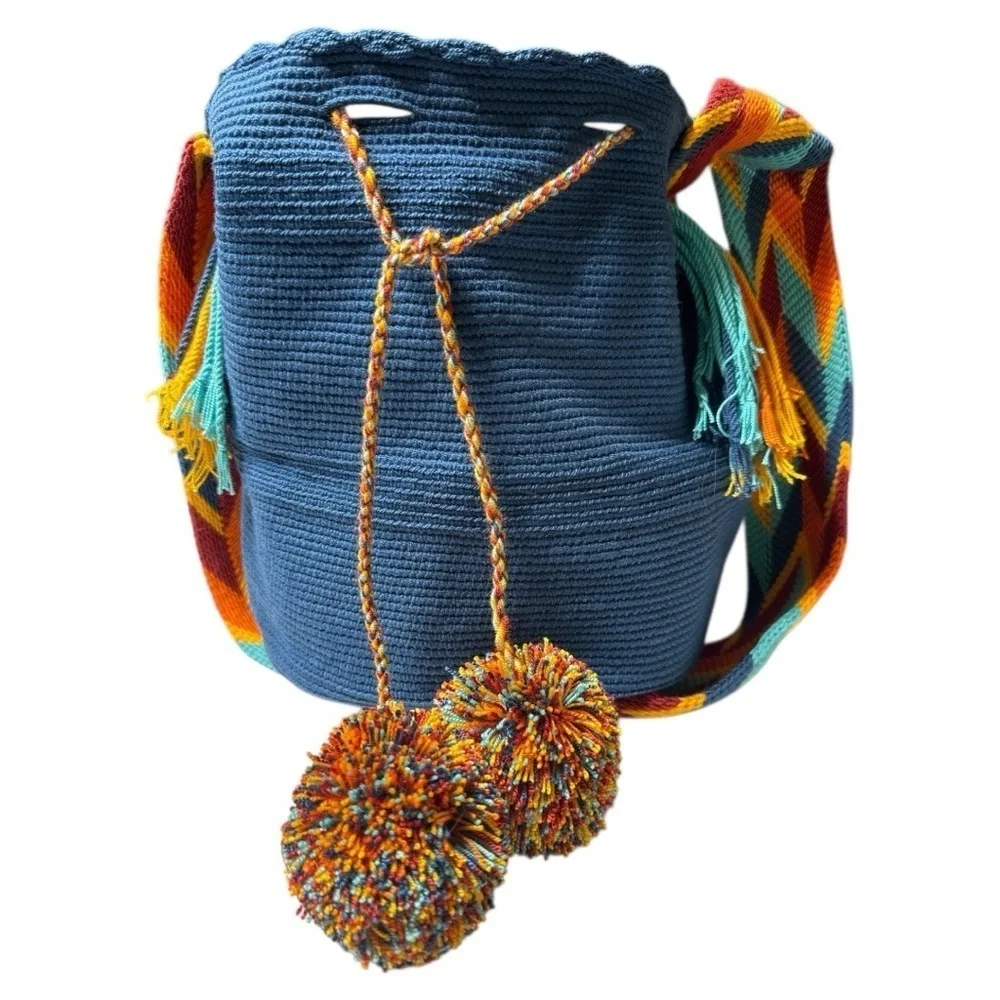 Wayuu Crystal Medallion Crochet Pom Pom Bag Flap Top